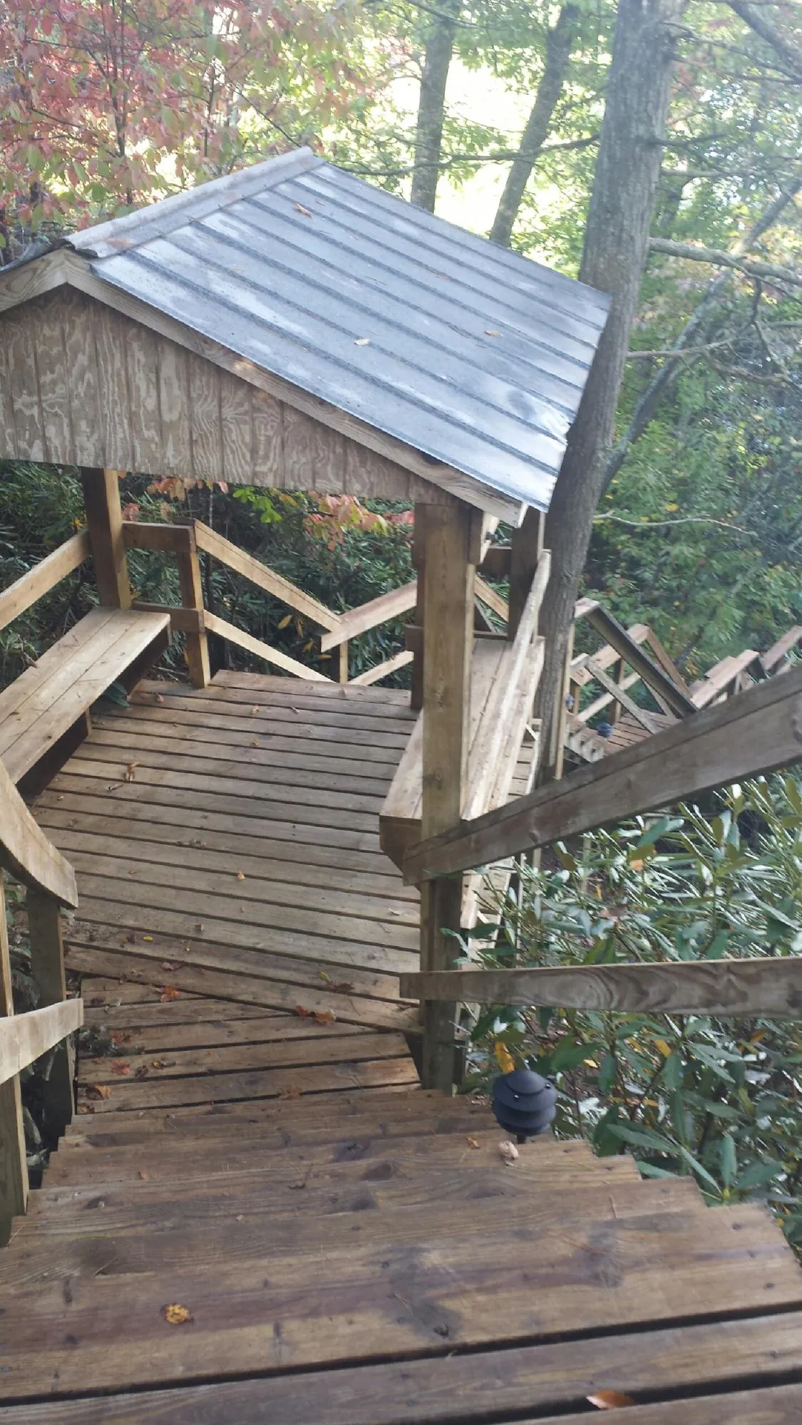 Metal roofed shelter over wooden steps on a wooded walkway — Skylight Repair & Installation work by our crew in Fall Branch